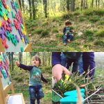 Two year old plays letter search in the woods