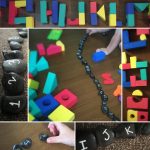 Collage picture of child at play. Sequencing numbers and forming letters from blocks.