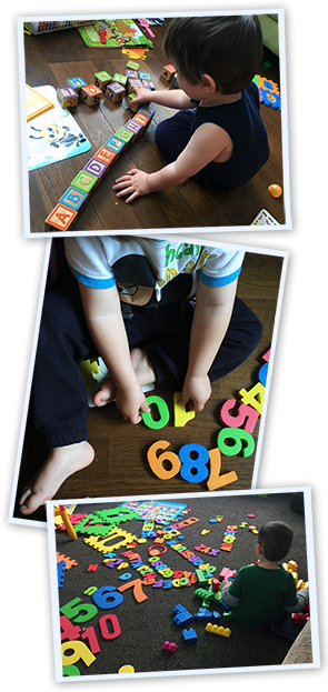 A collage depicting a young child playing with, and sequencing, numbers and letters.