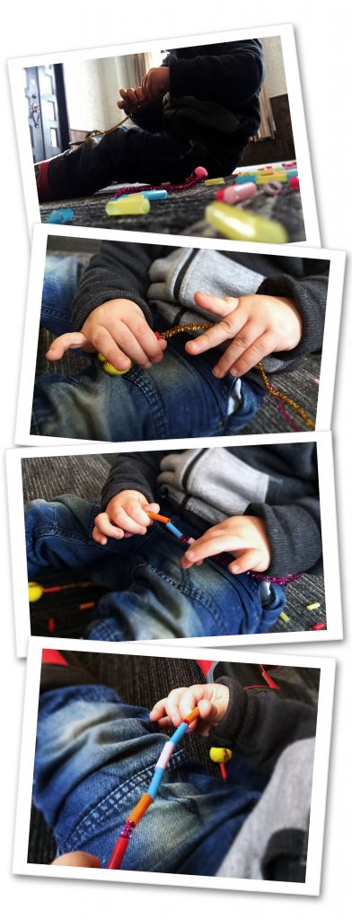 Collage showing child's hands threading straws onto pompom sticks